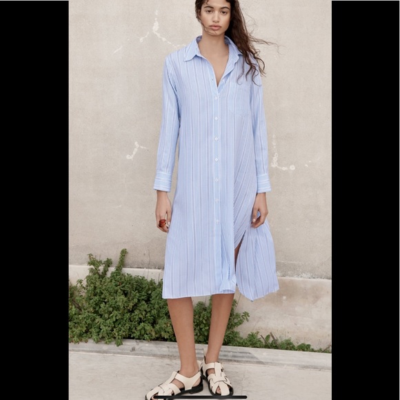 zara striped shirt dress Striped linen midi linen shirt dress by Zara
